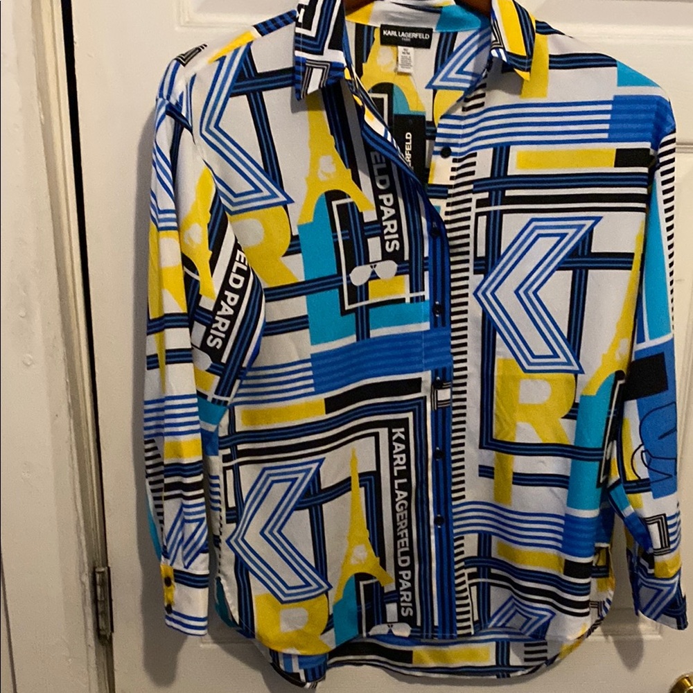 Karl Lagerfeld Vibrant Blue Yellow Geometric Button Down Shirt